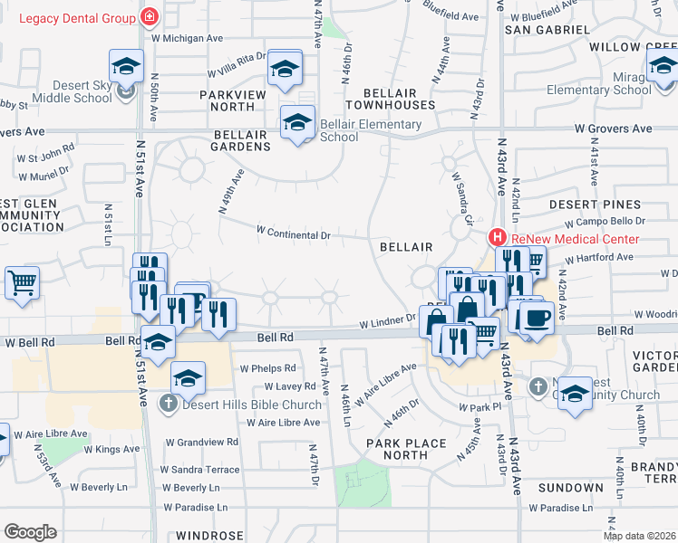 map of restaurants, bars, coffee shops, grocery stores, and more near 4721 West Annette Circle in Glendale