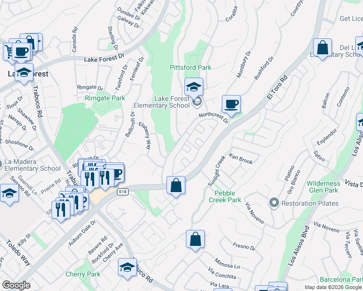 map of restaurants, bars, coffee shops, grocery stores, and more near 22141 Newbridge Drive in Lake Forest