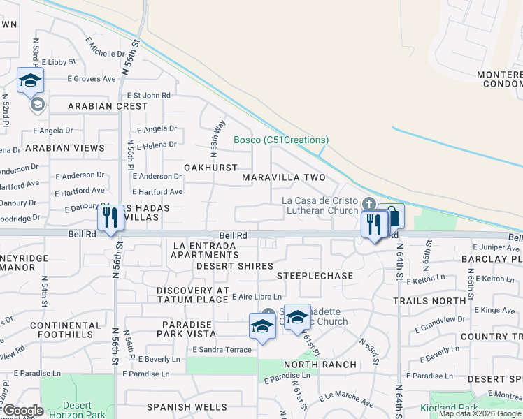 map of restaurants, bars, coffee shops, grocery stores, and more near 6012 East Danbury Road in Scottsdale