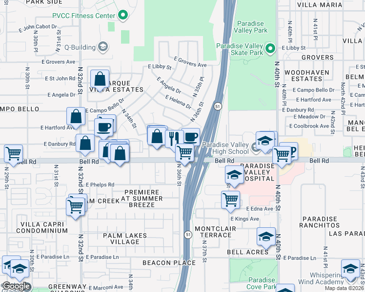 map of restaurants, bars, coffee shops, grocery stores, and more near 17051 North 36th Street in Phoenix
