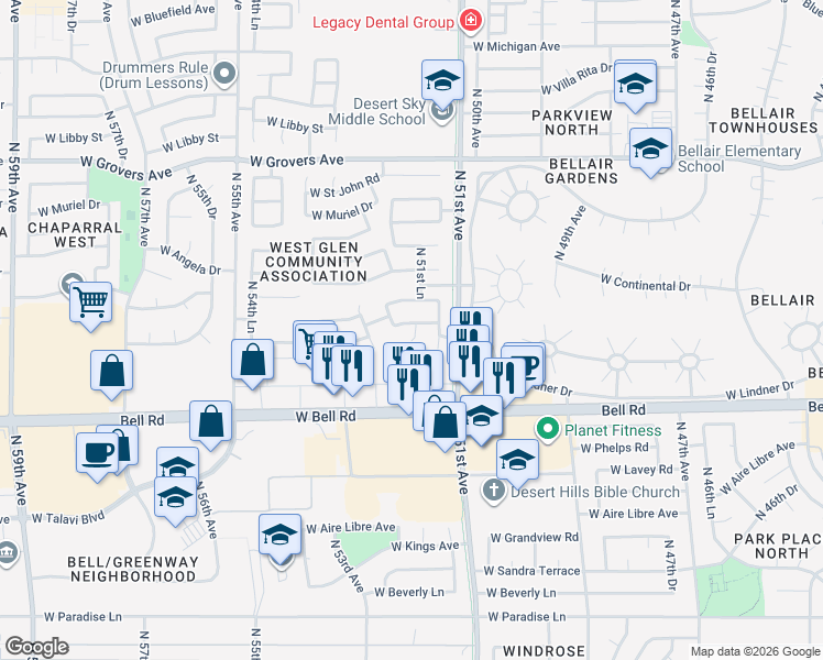 map of restaurants, bars, coffee shops, grocery stores, and more near 5220 West Hartford Avenue in Glendale