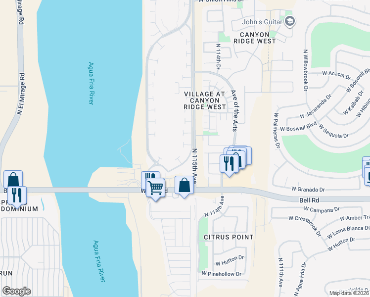 map of restaurants, bars, coffee shops, grocery stores, and more near 11516 West Pronghorn Court in Surprise