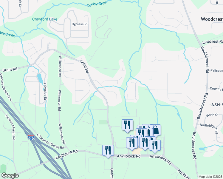 map of restaurants, bars, coffee shops, grocery stores, and more near 2833 Village Park Drive East in Ellenwood