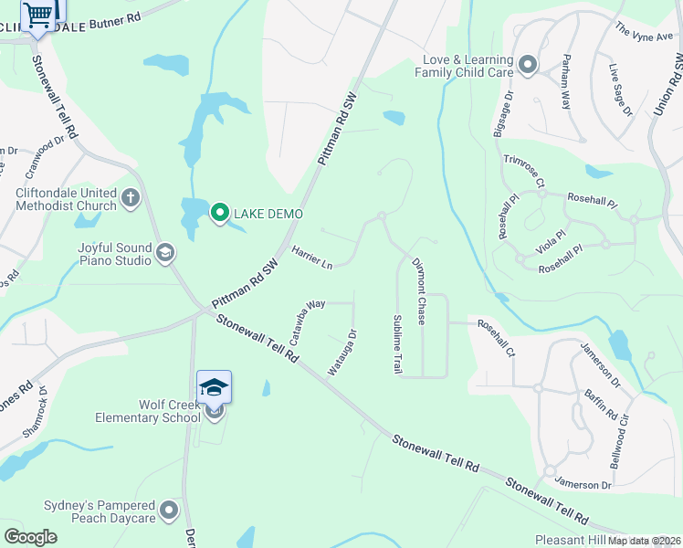 map of restaurants, bars, coffee shops, grocery stores, and more near 5848 Harrier Lane in Atlanta