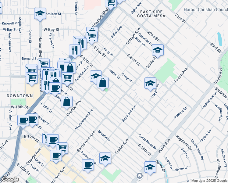 map of restaurants, bars, coffee shops, grocery stores, and more near 268 Esther Street in Costa Mesa