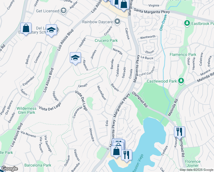 map of restaurants, bars, coffee shops, grocery stores, and more near 27633 Alarcon in Mission Viejo