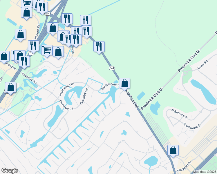 map of restaurants, bars, coffee shops, grocery stores, and more near 1865 Southwood Drive in Myrtle Beach