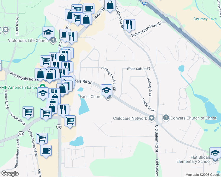 map of restaurants, bars, coffee shops, grocery stores, and more near 599 Dove Tail Court Southeast in Conyers