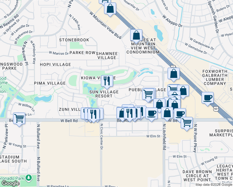 map of restaurants, bars, coffee shops, grocery stores, and more near 14300 West Bell Road in Surprise
