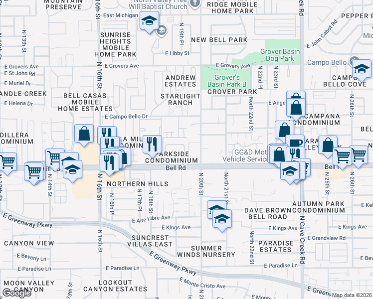 map of restaurants, bars, coffee shops, grocery stores, and more near 1920 East Bell Road in Phoenix