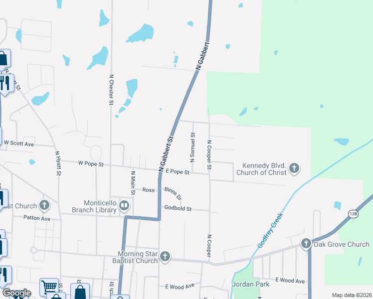 map of restaurants, bars, coffee shops, grocery stores, and more near 1147 North Samuel Street in Monticello