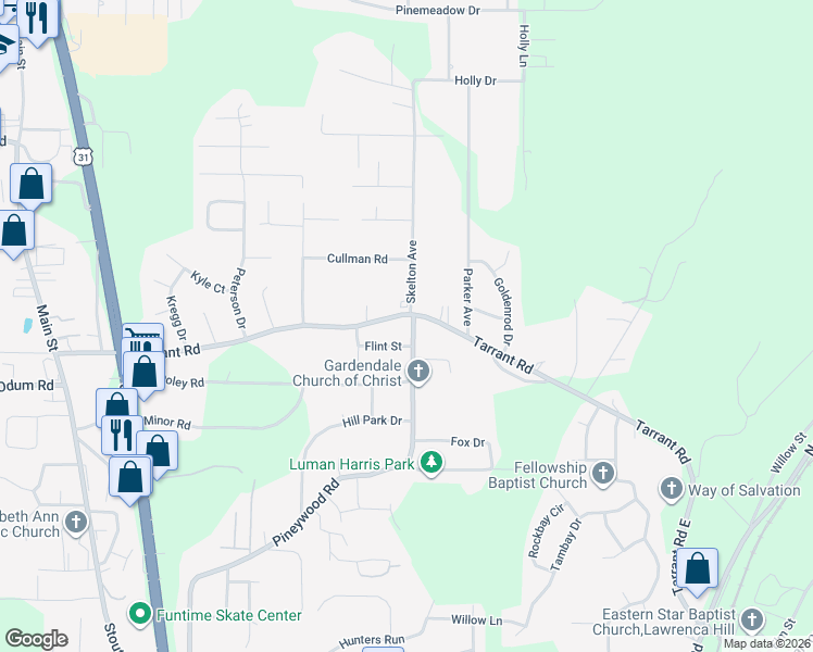 map of restaurants, bars, coffee shops, grocery stores, and more near 489 Tarrant Road in Gardendale
