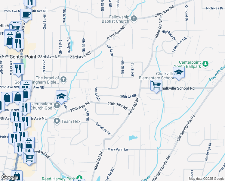 map of restaurants, bars, coffee shops, grocery stores, and more near 424 21st Avenue Northeast in Center Point