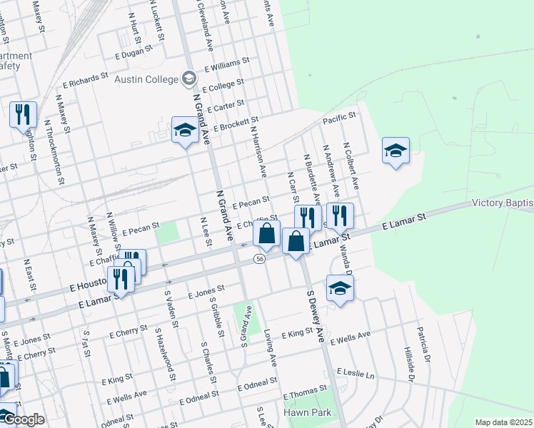map of restaurants, bars, coffee shops, grocery stores, and more near 204 North Harrison Avenue in Sherman