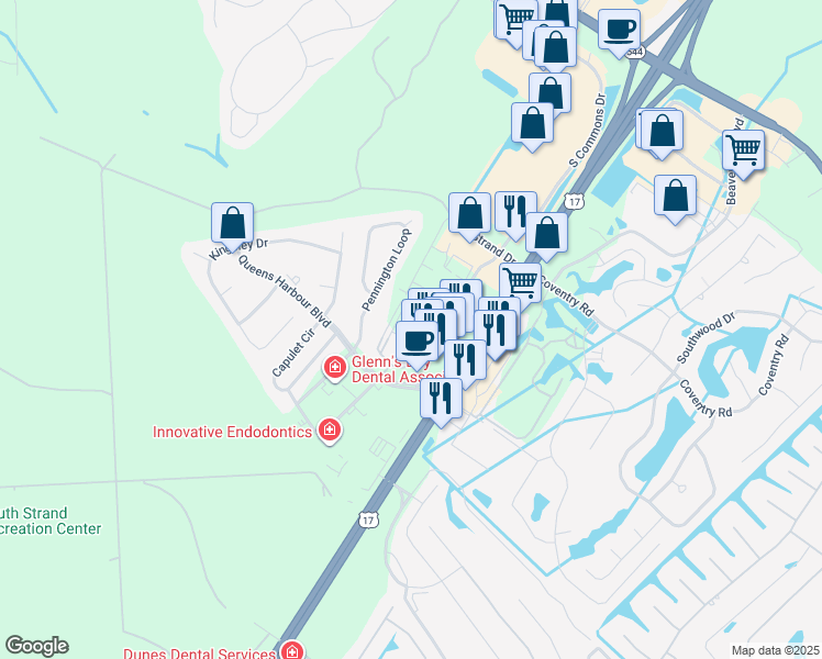 map of restaurants, bars, coffee shops, grocery stores, and more near 304 Shelby Lawson Drive in Myrtle Beach