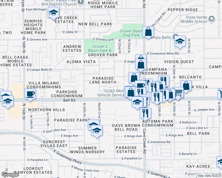 map of restaurants, bars, coffee shops, grocery stores, and more near 2150 East Bell Road in Phoenix