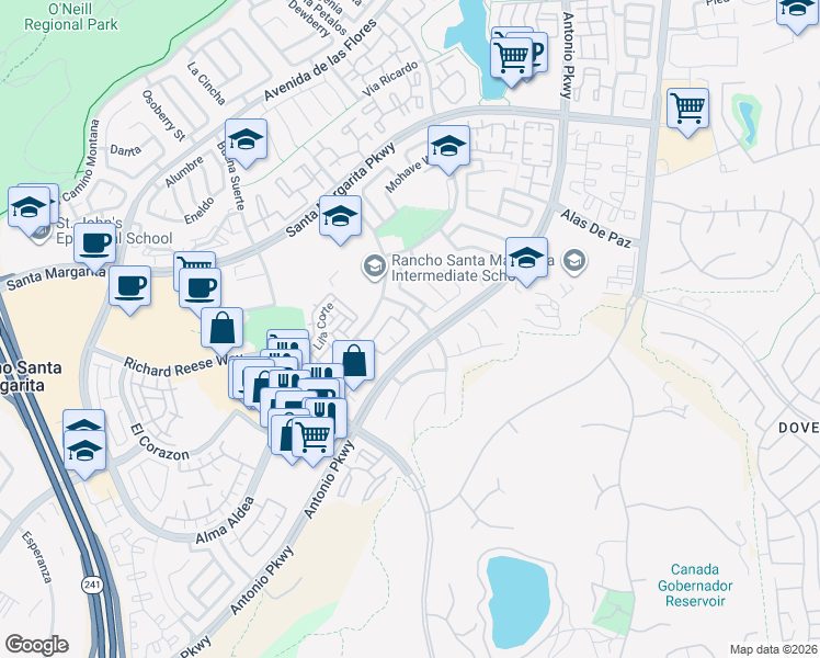 map of restaurants, bars, coffee shops, grocery stores, and more near 83 Via Honesto in Rancho Santa Margarita