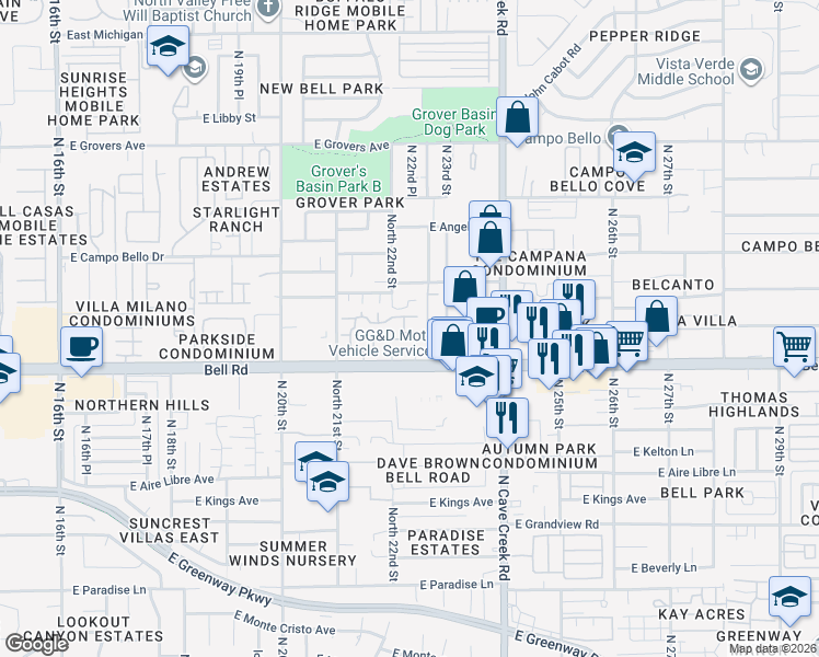 map of restaurants, bars, coffee shops, grocery stores, and more near 17209 North 22nd Street in Phoenix