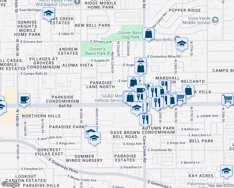 map of restaurants, bars, coffee shops, grocery stores, and more near 17209 North 22nd Street in Phoenix