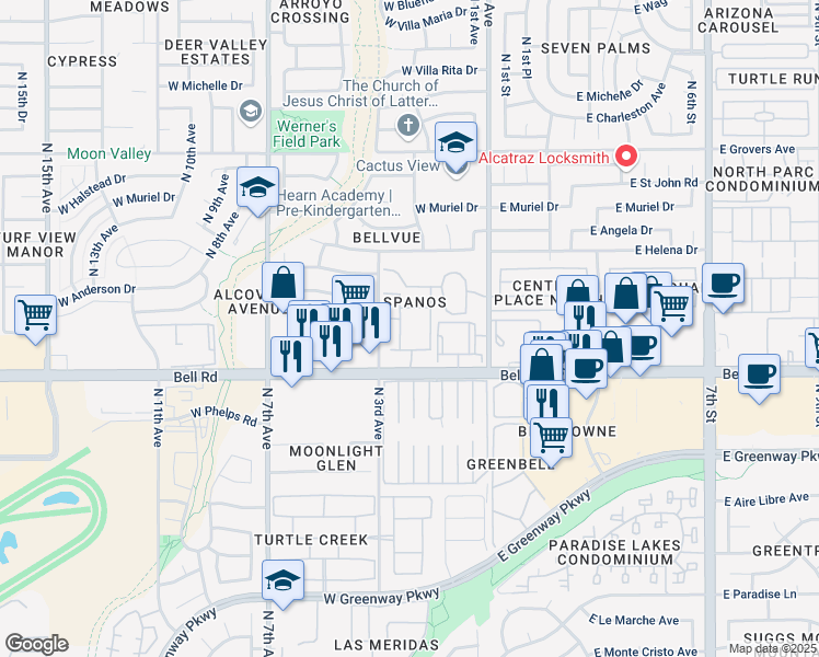 map of restaurants, bars, coffee shops, grocery stores, and more near 17222 North Central Avenue in Phoenix