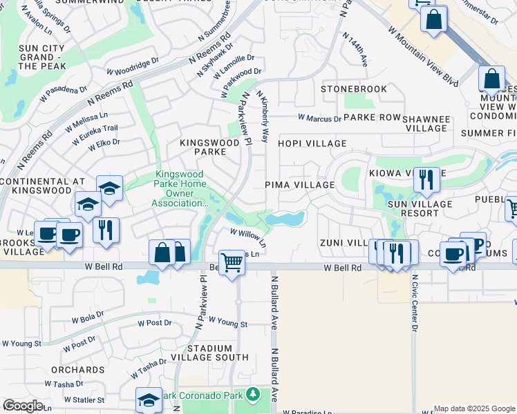 map of restaurants, bars, coffee shops, grocery stores, and more near 17205 North Kimberly Way in Surprise