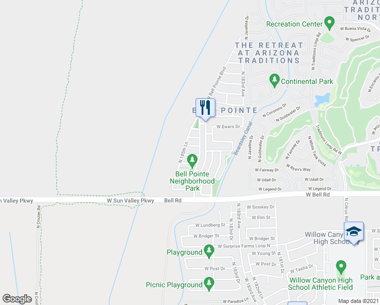 map of restaurants, bars, coffee shops, grocery stores, and more near 18546 West Mariposa Drive in Surprise