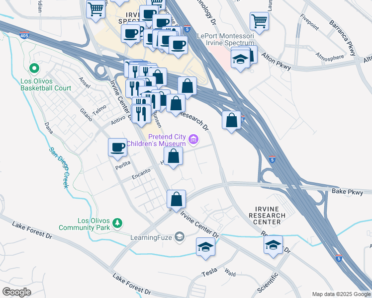map of restaurants, bars, coffee shops, grocery stores, and more near 29 Hubble in Irvine