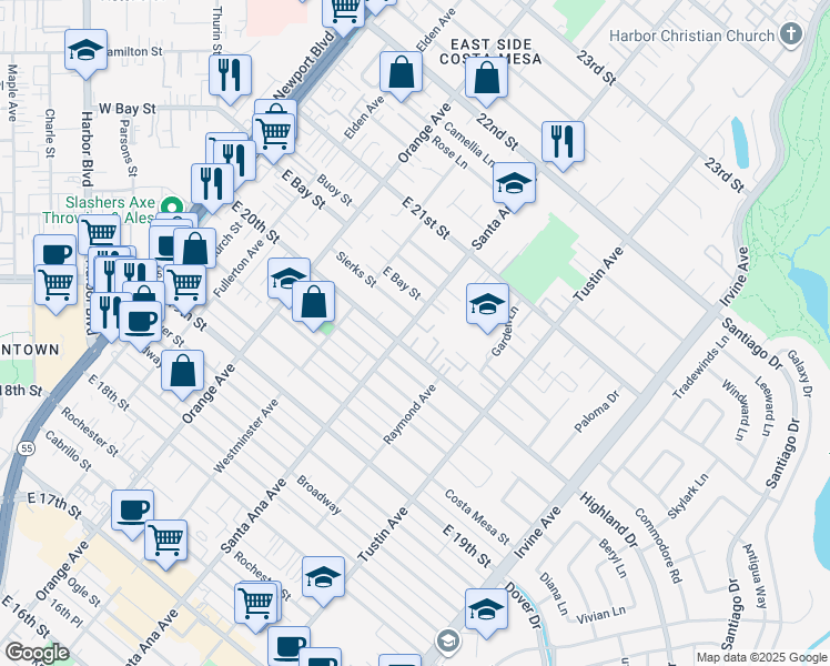 map of restaurants, bars, coffee shops, grocery stores, and more near 2020 Santa Ana Avenue in Costa Mesa