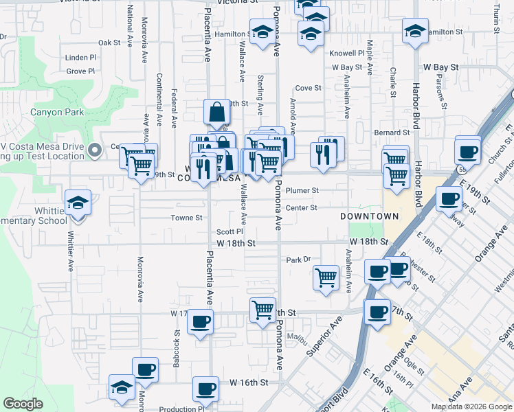 map of restaurants, bars, coffee shops, grocery stores, and more near 729 Center Street in Costa Mesa