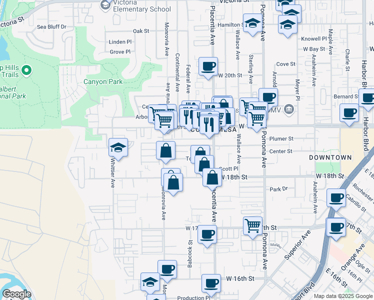 map of restaurants, bars, coffee shops, grocery stores, and more near 846 Center Street in Costa Mesa
