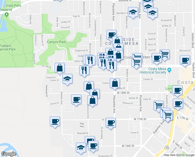 map of restaurants, bars, coffee shops, grocery stores, and more near 853 Center Street in Costa Mesa
