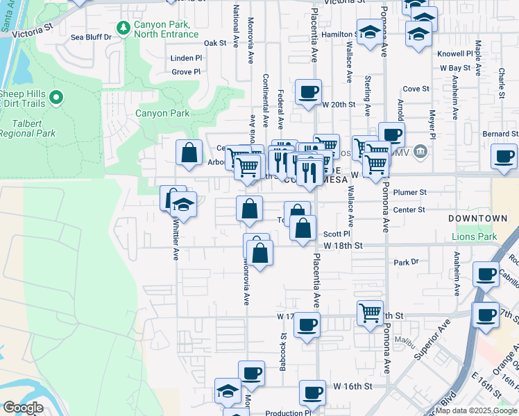 map of restaurants, bars, coffee shops, grocery stores, and more near 897 Center Street in Costa Mesa