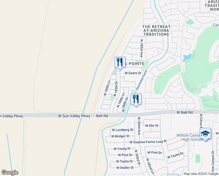 map of restaurants, bars, coffee shops, grocery stores, and more near 18554 West Mariposa Drive in Surprise