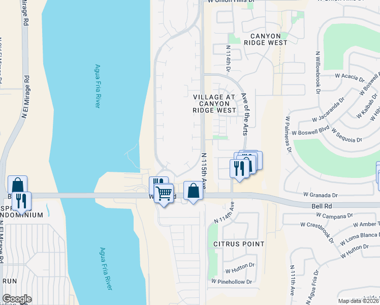 map of restaurants, bars, coffee shops, grocery stores, and more near 11548 West Pronghorn Court in Surprise