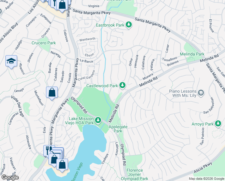 map of restaurants, bars, coffee shops, grocery stores, and more near 22076 Tobarra in Mission Viejo