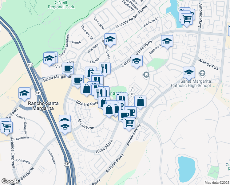 map of restaurants, bars, coffee shops, grocery stores, and more near 21952 Buena Suerte in Rancho Santa Margarita