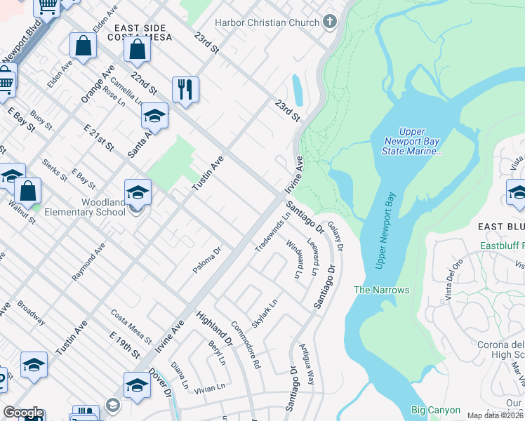 map of restaurants, bars, coffee shops, grocery stores, and more near 2200 Windward Lane in Newport Beach