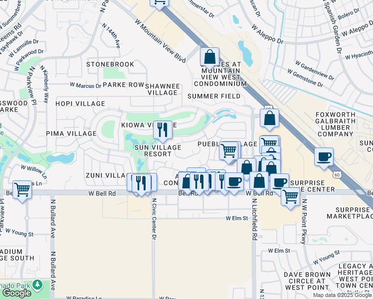 map of restaurants, bars, coffee shops, grocery stores, and more near 14300 West Bell Road in Surprise