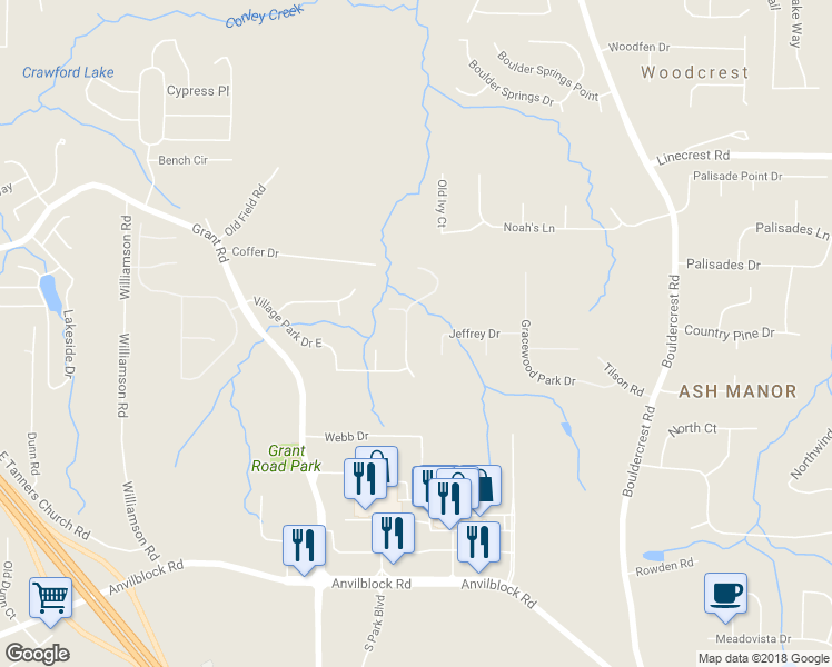map of restaurants, bars, coffee shops, grocery stores, and more near 4034 Villagewood Lane in Ellenwood