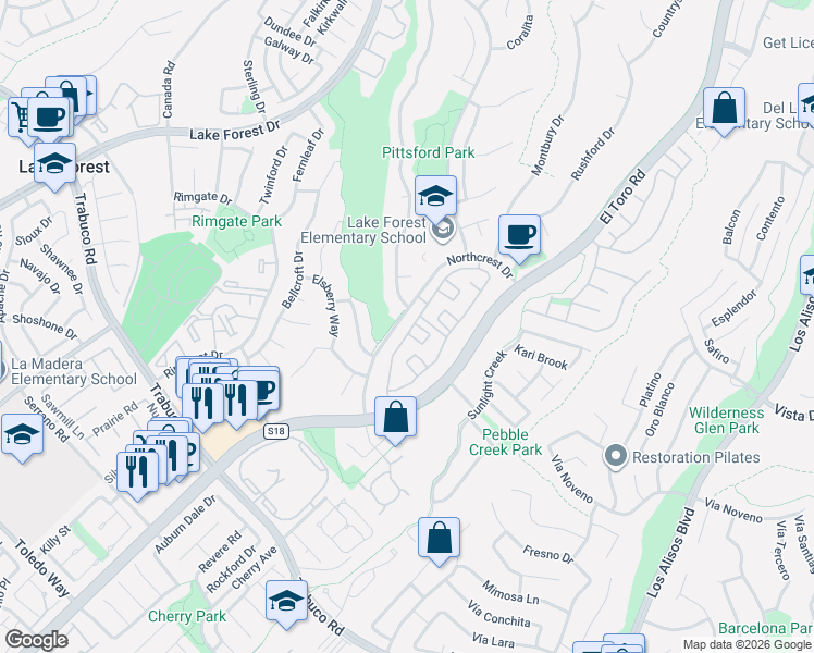 map of restaurants, bars, coffee shops, grocery stores, and more near 22141 Newbridge Drive in Lake Forest