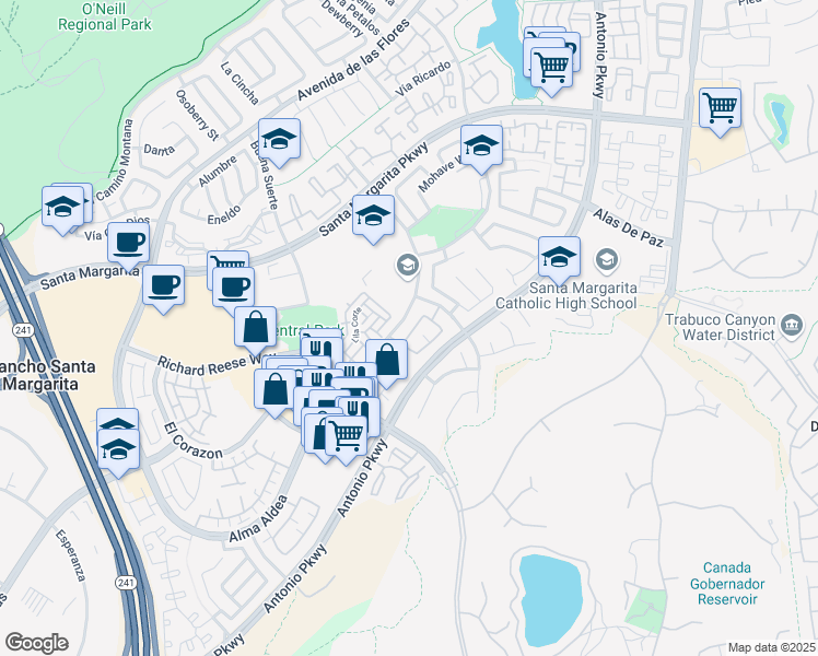 map of restaurants, bars, coffee shops, grocery stores, and more near 47 Vía Meseta in Rancho Santa Margarita