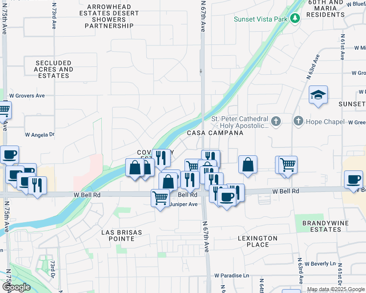 map of restaurants, bars, coffee shops, grocery stores, and more near 17500 North 67th Avenue in Glendale