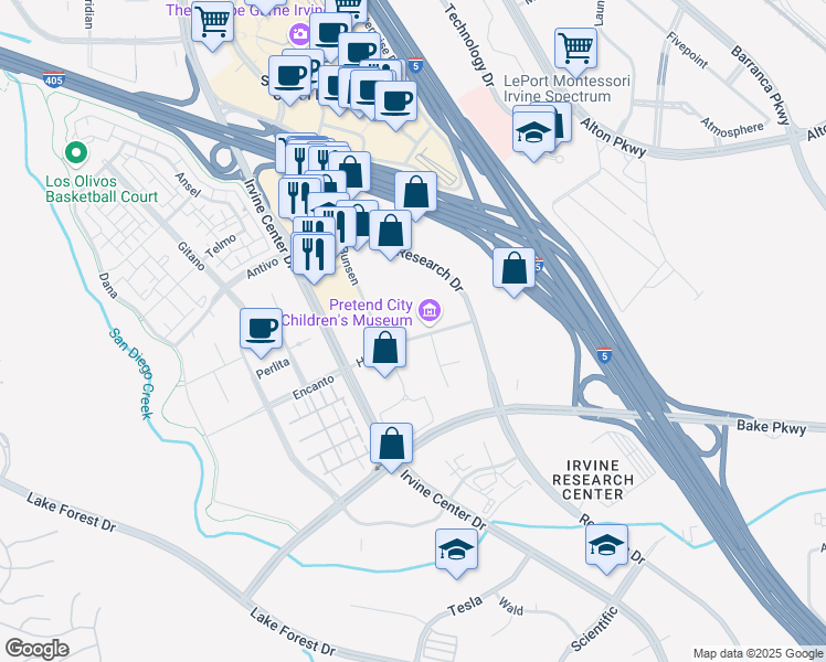 map of restaurants, bars, coffee shops, grocery stores, and more near 23 Hubble in Irvine