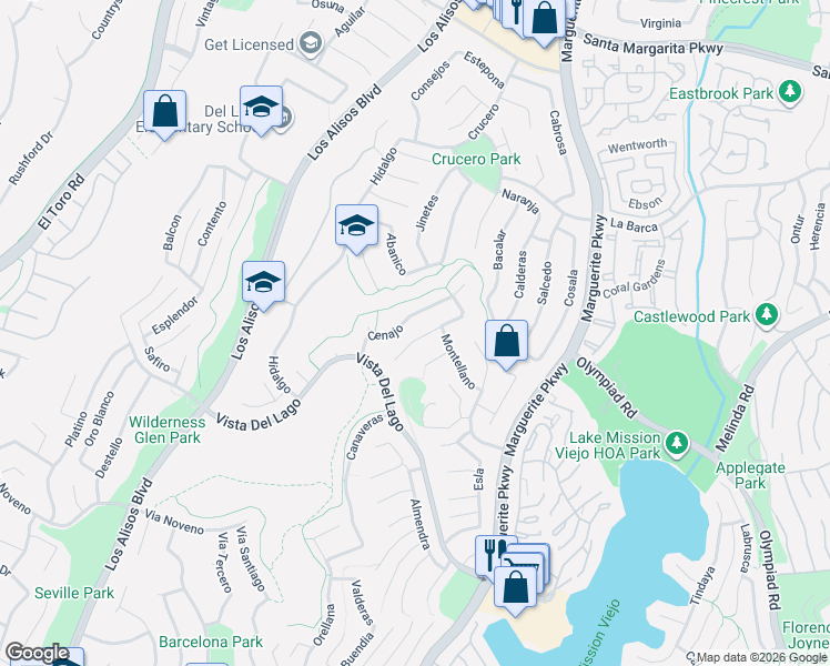 map of restaurants, bars, coffee shops, grocery stores, and more near 27531 Soncillo in Mission Viejo