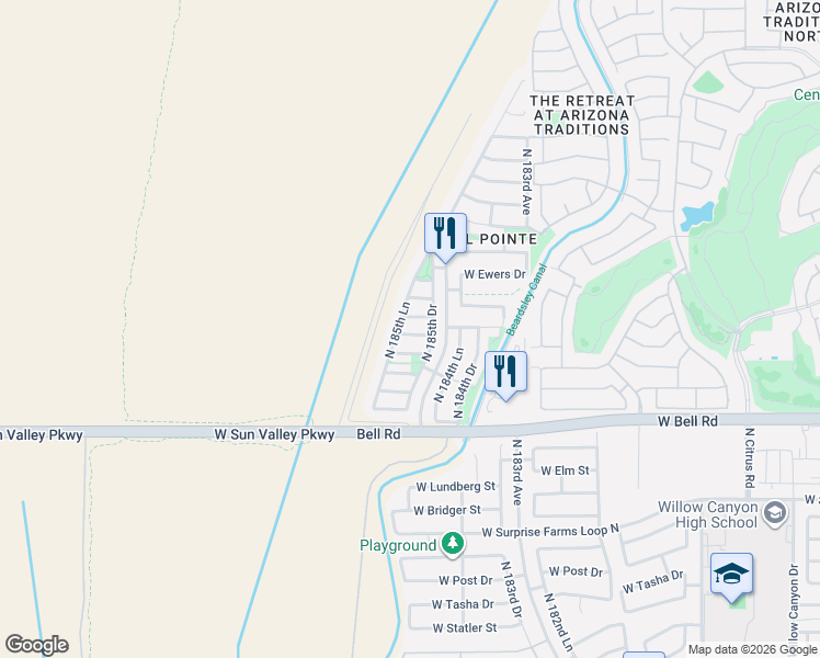 map of restaurants, bars, coffee shops, grocery stores, and more near 18546 West Mariposa Drive in Surprise