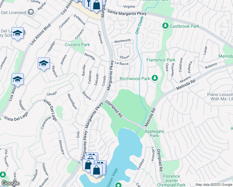 map of restaurants, bars, coffee shops, grocery stores, and more near 22068 Antigua in Mission Viejo