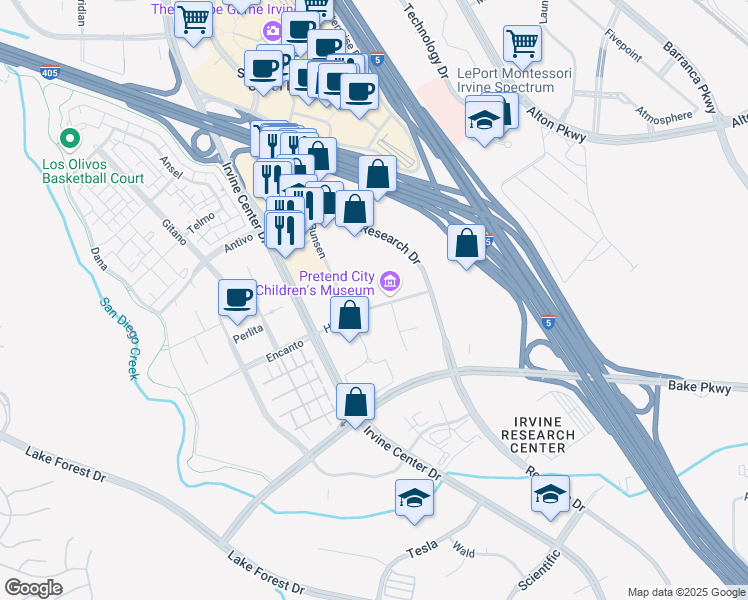 map of restaurants, bars, coffee shops, grocery stores, and more near 23 Hubble in Irvine
