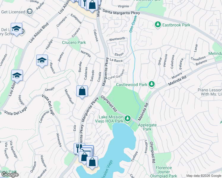 map of restaurants, bars, coffee shops, grocery stores, and more near 22068 Antigua in Mission Viejo