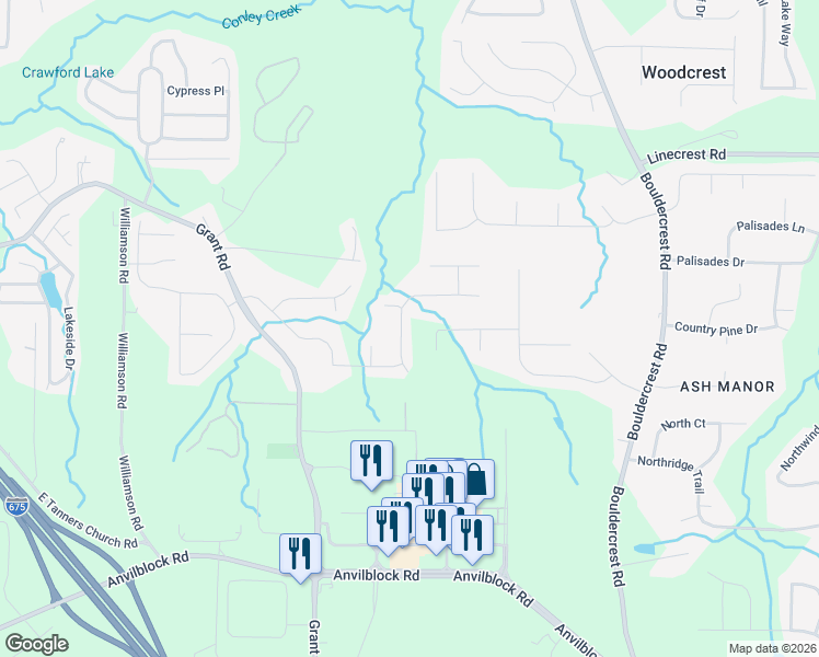 map of restaurants, bars, coffee shops, grocery stores, and more near 4034 Villagewood Lane in Ellenwood