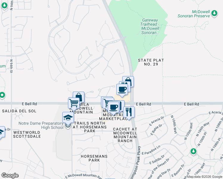 map of restaurants, bars, coffee shops, grocery stores, and more near 10079 East Hillside Drive in Scottsdale